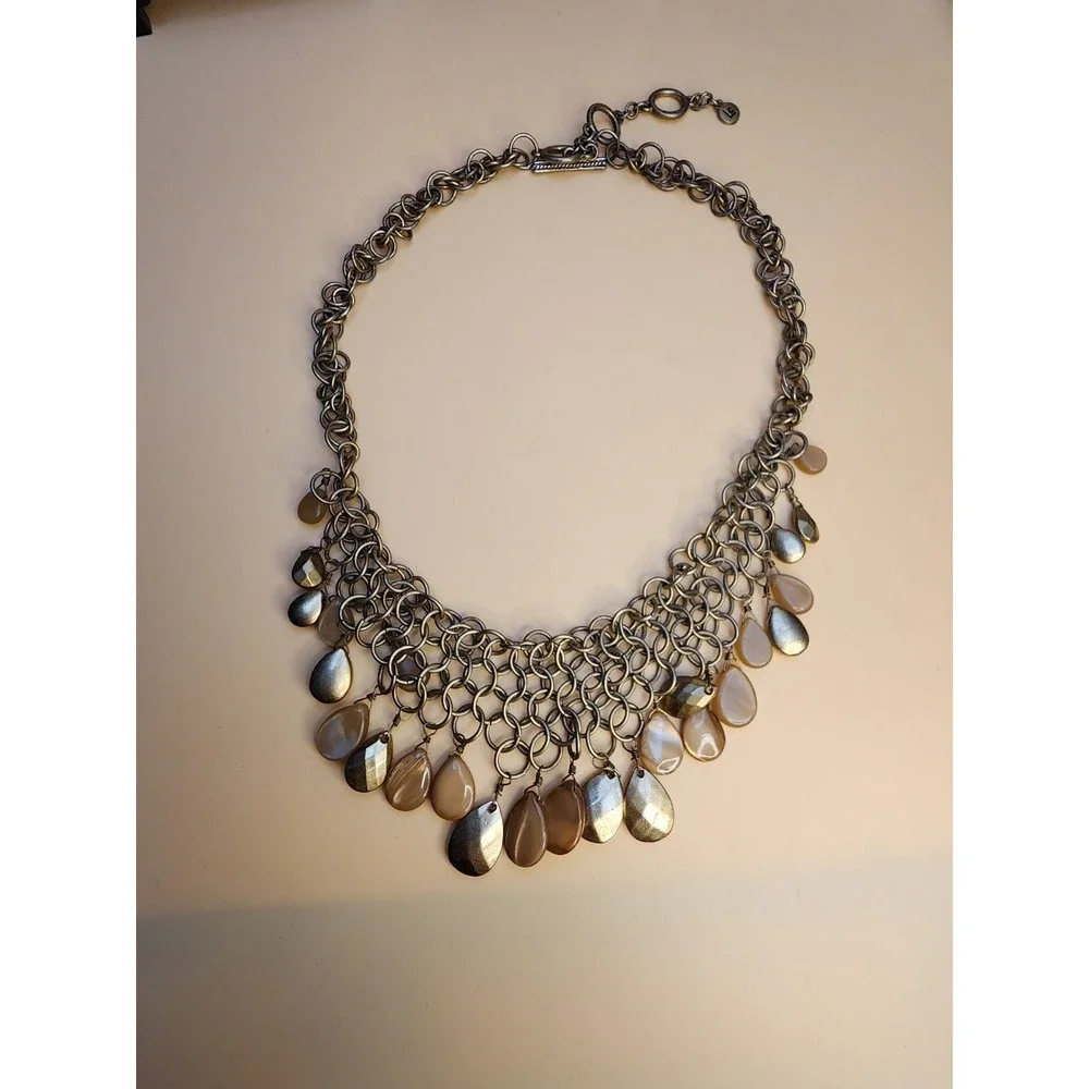 Vintage LIZ CLAIBORNE Signed Bib Necklace Chandelier of Faceted‎ Bronze Tone 15